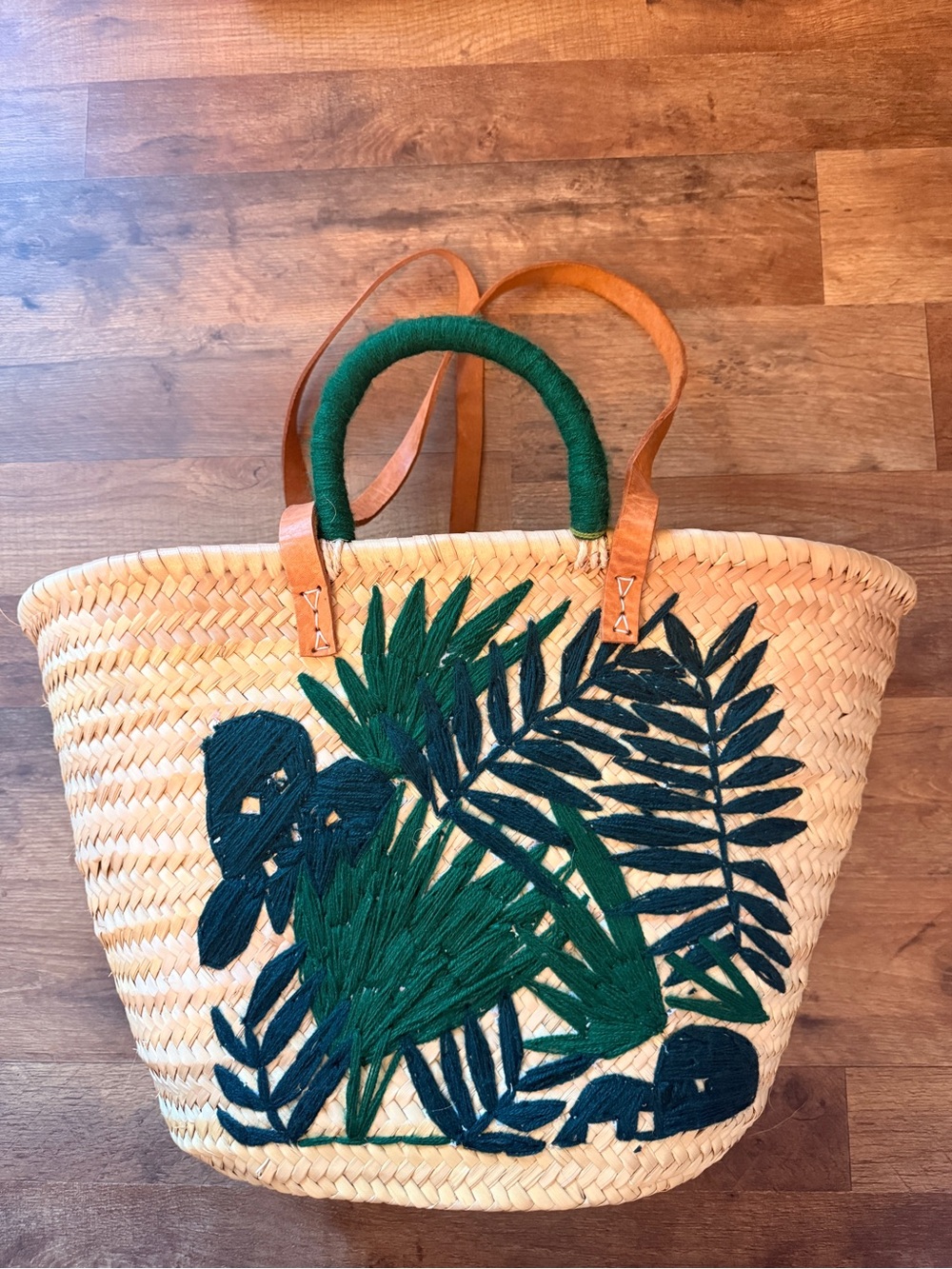 Woven Straw Tote Bag with Green Leaf Embroidery